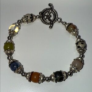 Silver tone (untested)  Multi-Stone Beaded Bracelet quartz , jasper & opalite